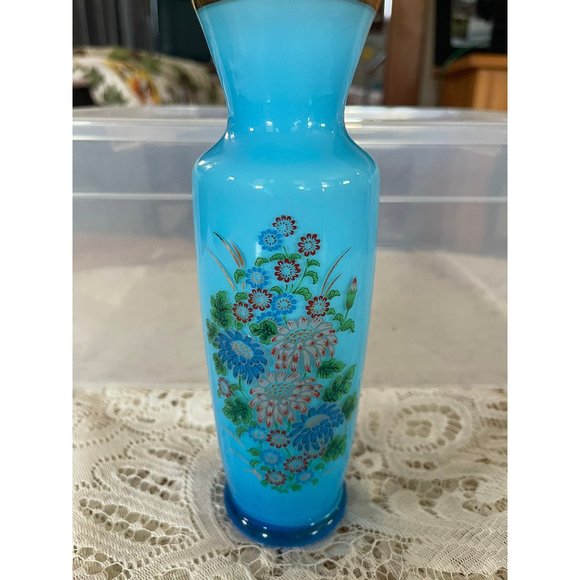Blue Glass Bud Vase With Floral Pattern - Picture 1 of 7